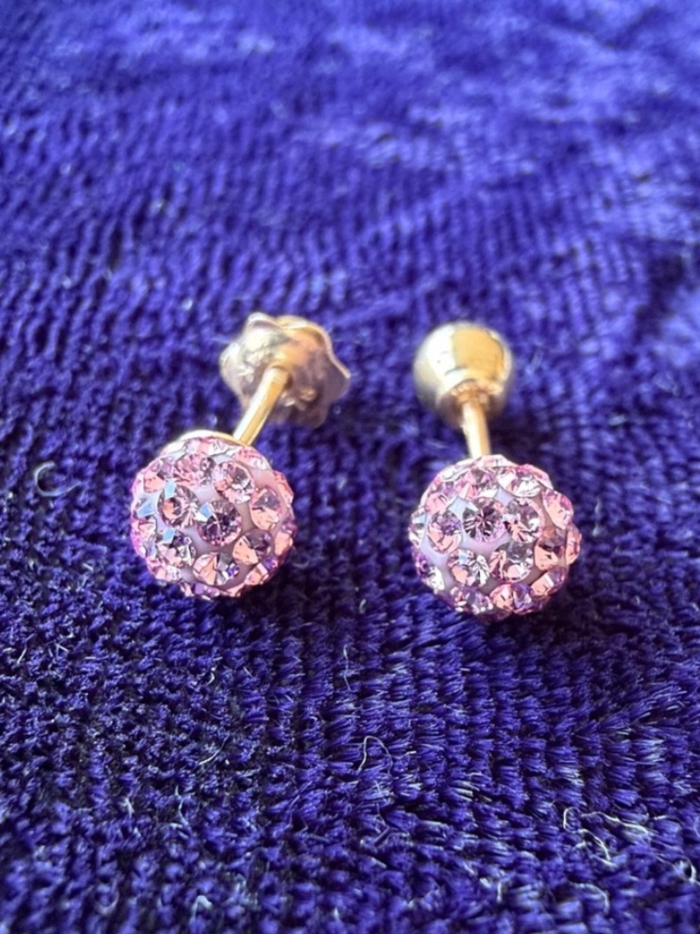 Solid 14K gold earrings with pink crystals, screw on backs
